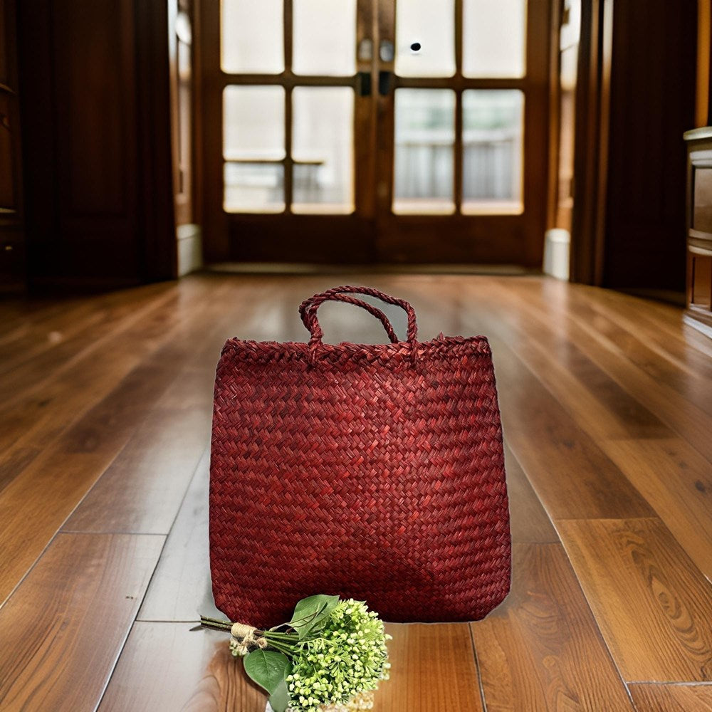 Flax/Seagrass Kete Bag with Base 36x42cm - Red
