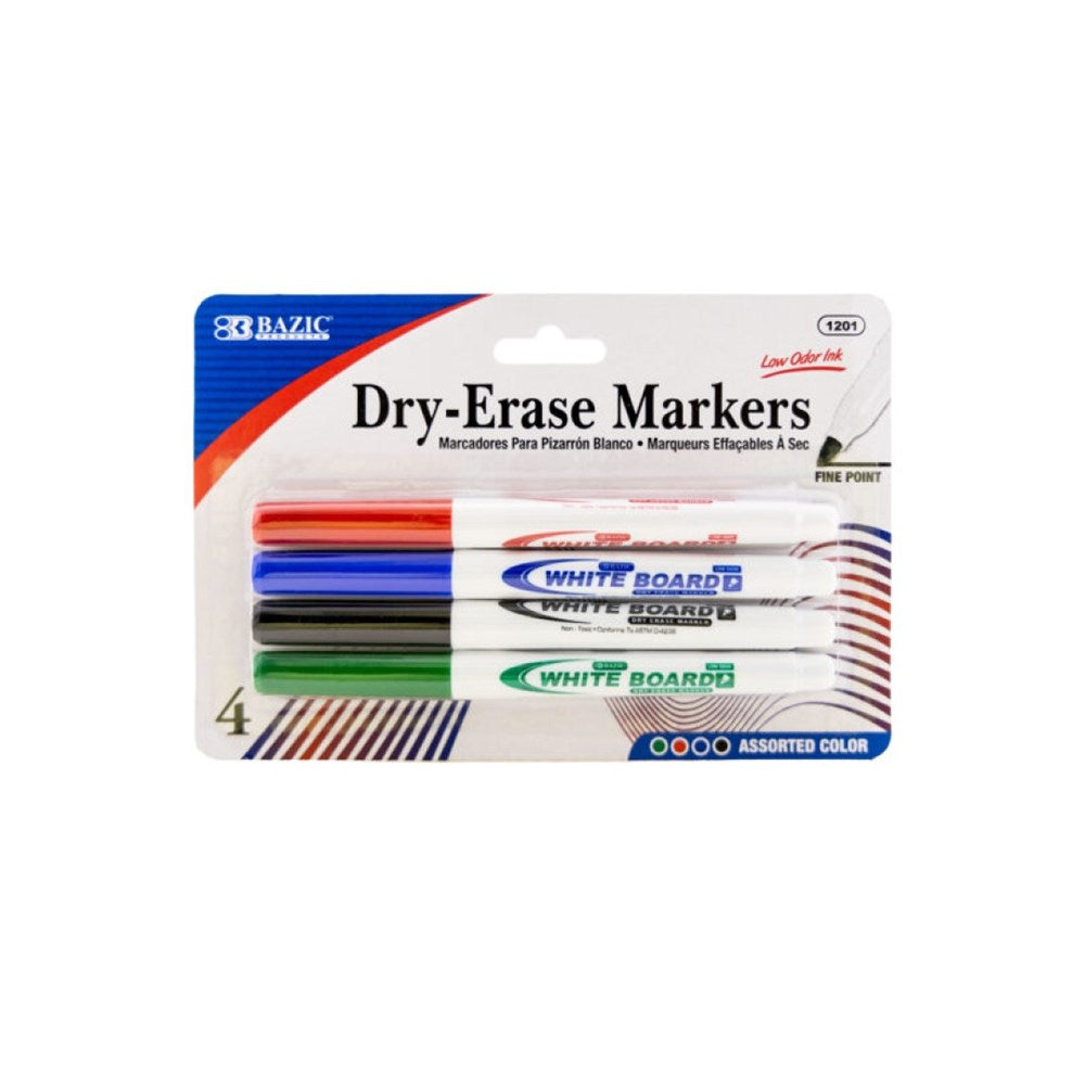 BAZIC Asst. Colors Fine Tip Dry-Erase Markers (4/Pack)(Product Of USA)