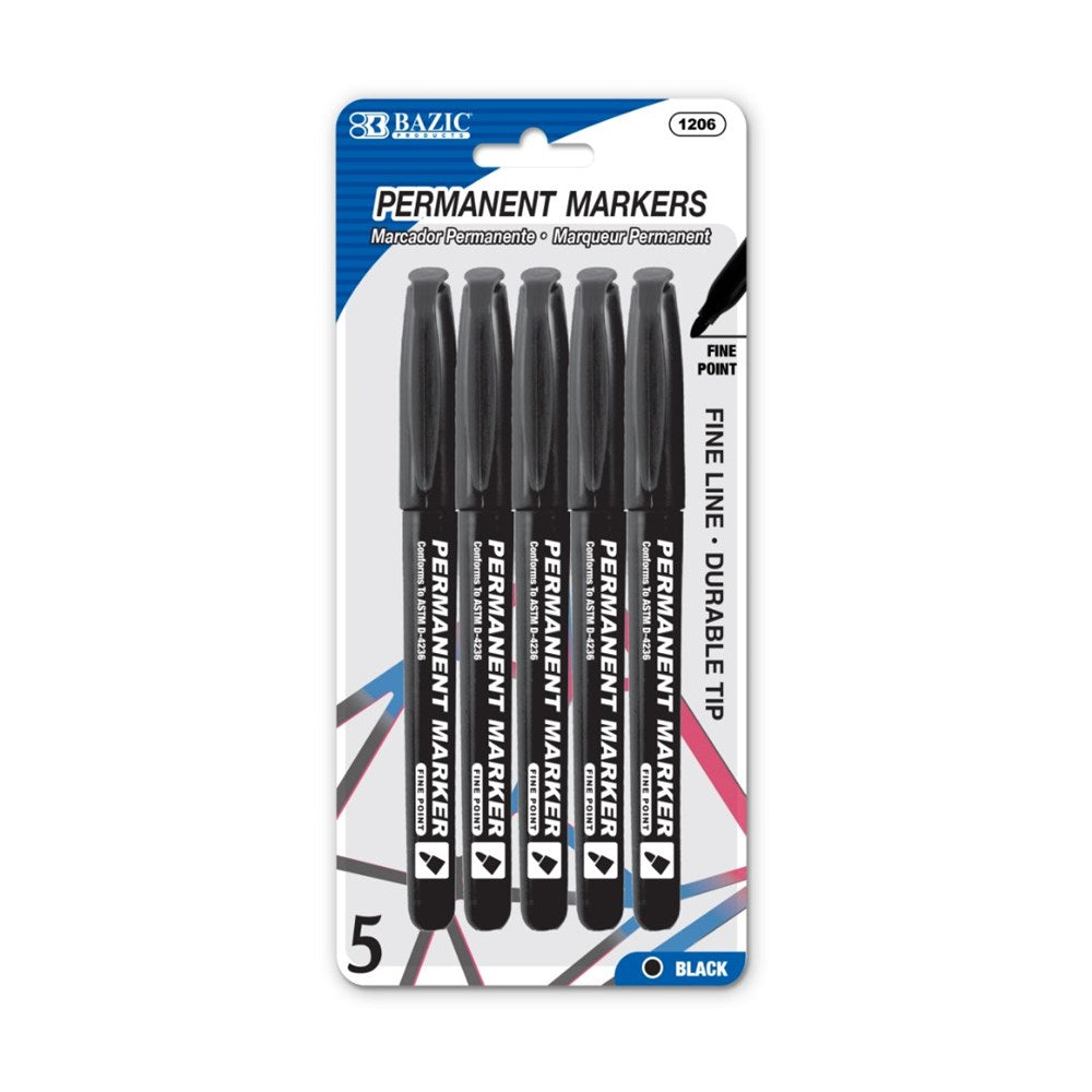 BAZIC Black Fine Tip Permanent Markers w/ Pocket Clip (5/Pack) (Product Of USA)