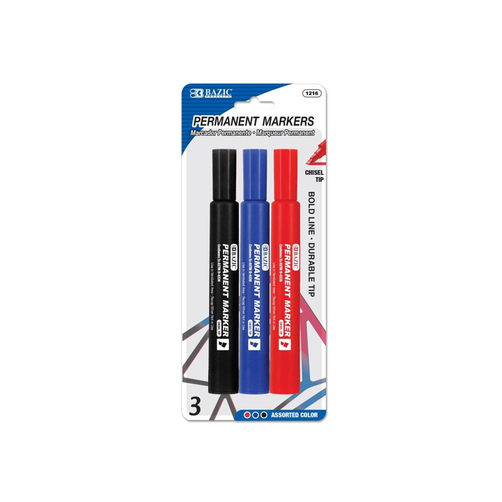 BAZIC Asst. Colors Chisel Tip Jumbo Permanent Markers (3/Pk) (Product of USA)