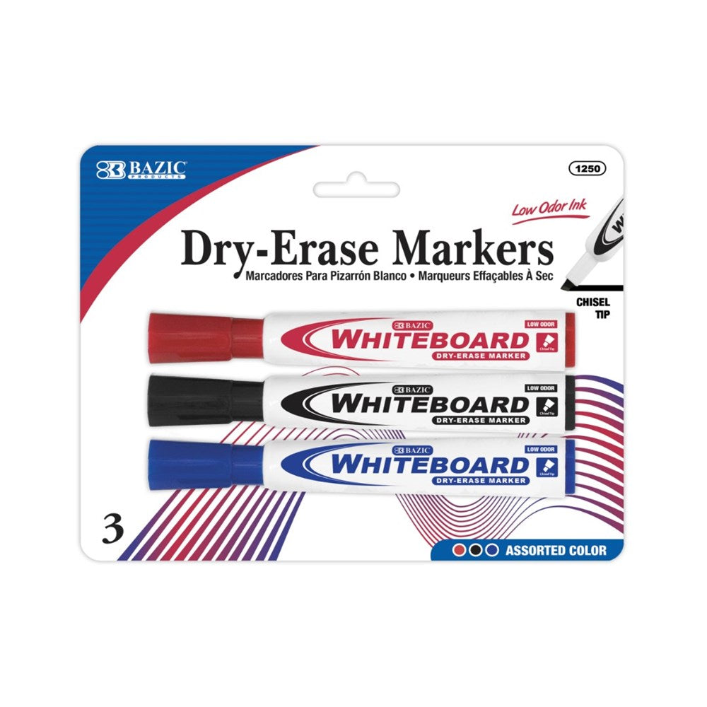 BAZIC Asst. Colors Chisel Tip Dry-Erase Markers (3/Pack) (Product of USA)