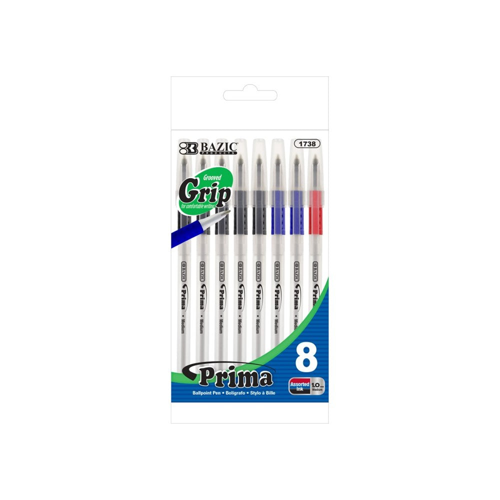 BAZIC Prima Assorted Color Stick Pen w/ Cushion Grip (8/Pack) (Product Of USA)