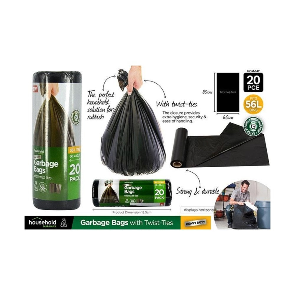 20pce Garbage Bags w/Ties 60x80cm 56L (Product of USA)