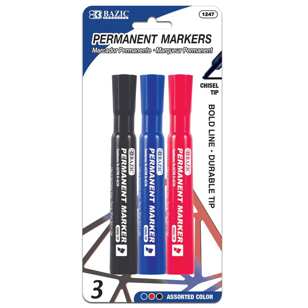 BAZIC Asst. Colors Chisel Tip Desk Style Permanent Markers (4/Pack) Product of USA