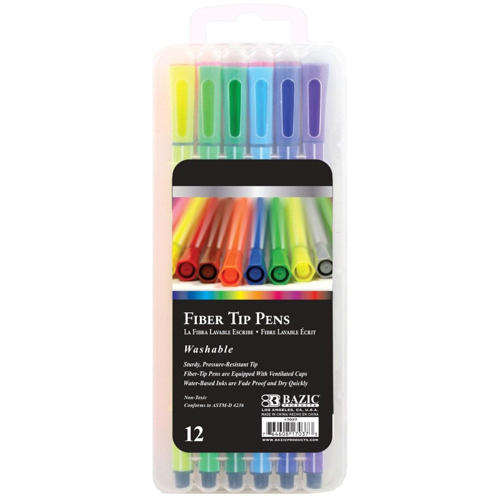 BAZIC 12 Color Washable Fiber Tip Pen (Product of USA)