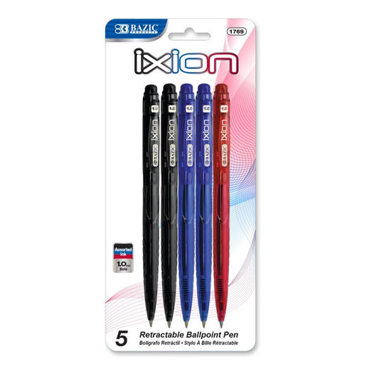 BAZIC Ixion Asst. Color Retractable Pen (5/Pack) (Product of USA)