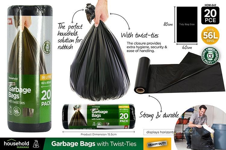 20pce Garbage Bags w/Ties 60x80cm 56L (Product of USA)