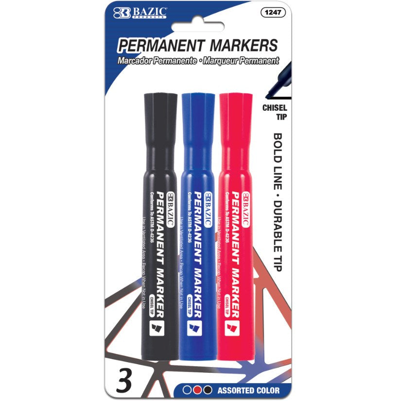 BAZIC Asst. Colors Chisel Tip Desk Style Permanent Markers (4/Pack) Product of USA