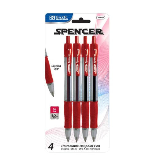 BAZIC Spencer Red Retractable Pen w/ Cushion Grip (Product of USA)