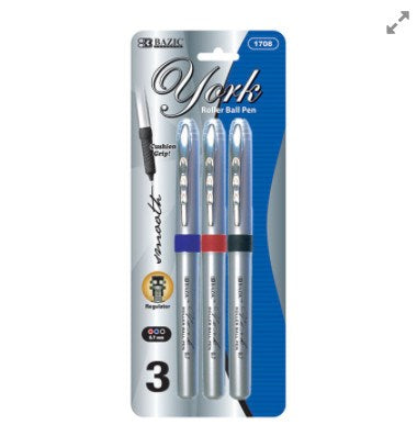BAZIC York Asst. Color Rollerball Pen w/ Grip (Product of USA)