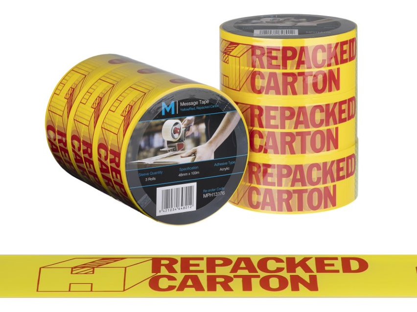 Message Tape Repacked Carton - Yellow/Red, 48mm x 100m x 50mu (36)