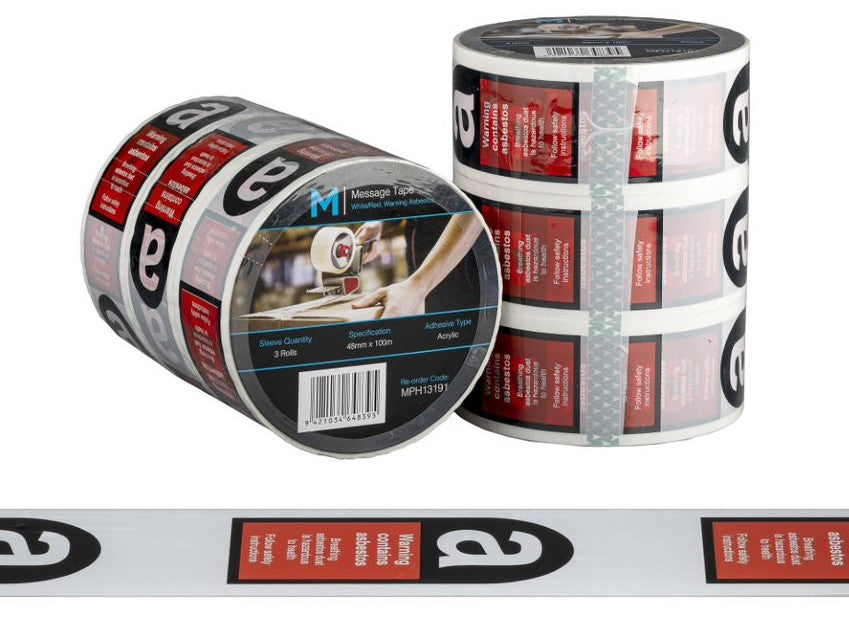 Message Tape Warning Asbestos - White/Red/Black, 48mm x 100m x 50mu (36)