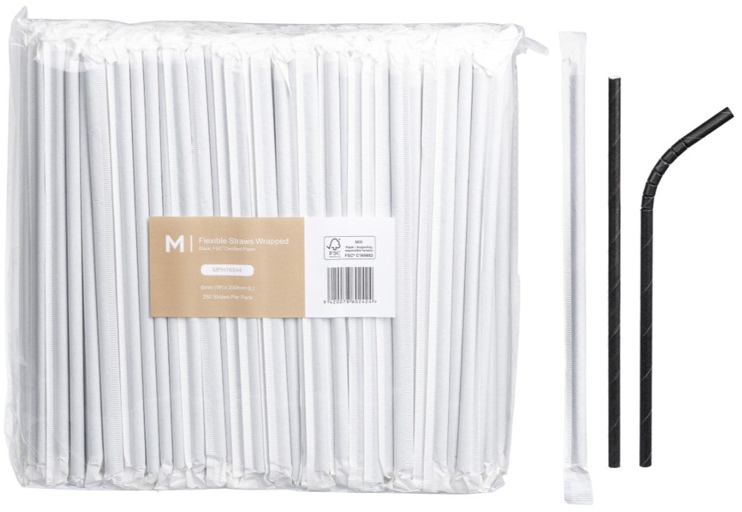 Paper Flexible Straws Wrapped - Black, 6mm x 200mm, 300gsm, FSC Mix® (2500)