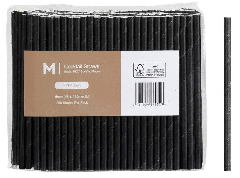 Paper Cocktail Straight Straws - Black, 5mm x 120mm, 300gsm, FSC Mix® (2500)