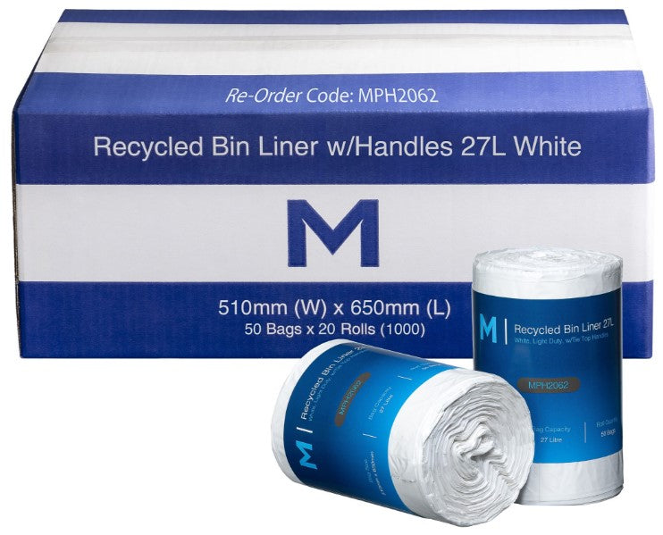 POR Recycled Bin Liner w/Handles 27L - White, 510mm x 650mm x 15mu (1000)