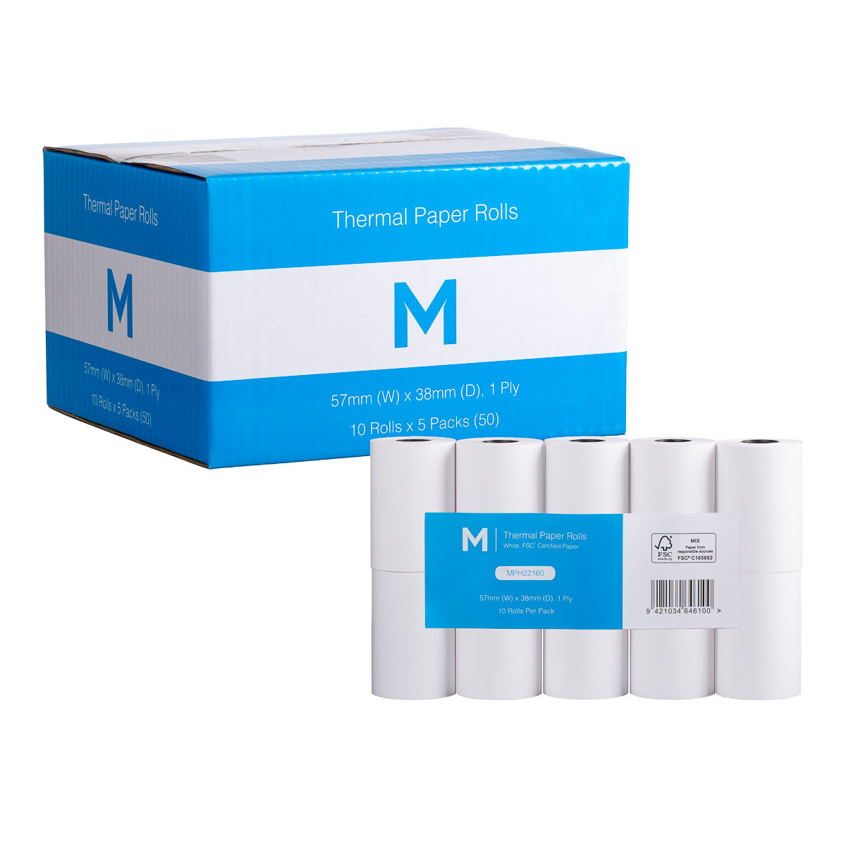 Thermal Paper Roll - White, 57mm x 38mm, 1 Ply, FSC Mix® (50) *Eftpos Machine