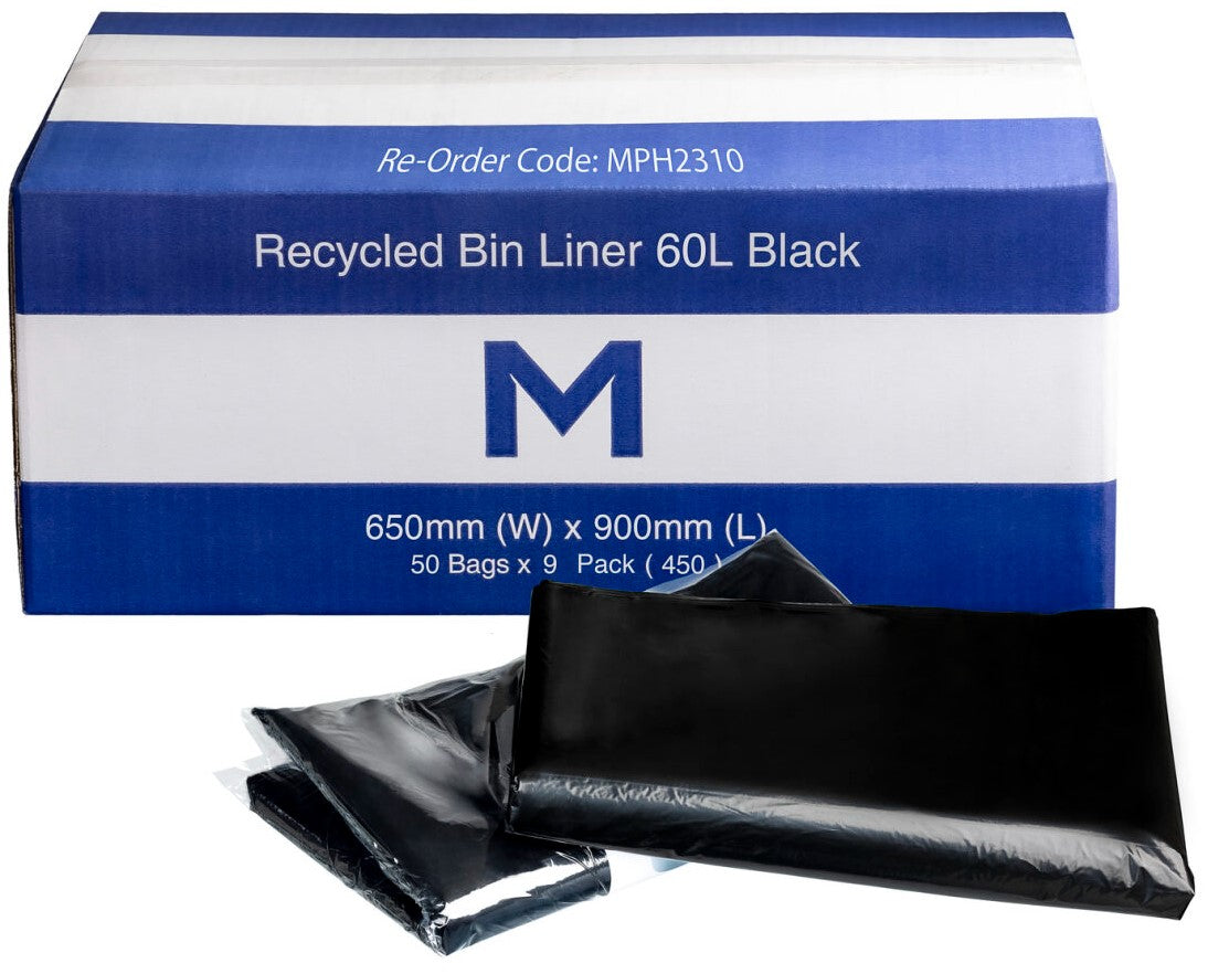 FP Recycled Bin Liner 60L - Black, 650mm x 900mm x 30mu (450)