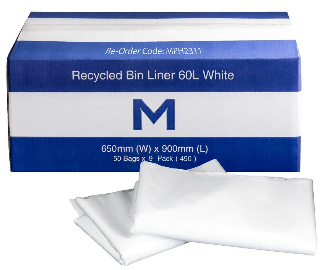 FP Recycled Bin Liner 60L - White, 650mm x 900mm x 30mu (450)