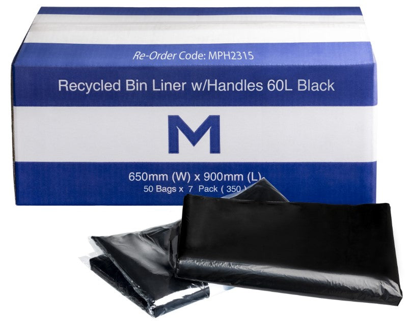 FP Recycled Bin Liner w/Handles 60L - Black, 650mm x 900mm x 30mu (350)