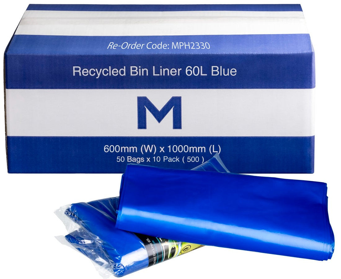 FP Recycled Bin Liner w/Handles 60L - Blue, 600mm x 1000mm x 30mu (500)
