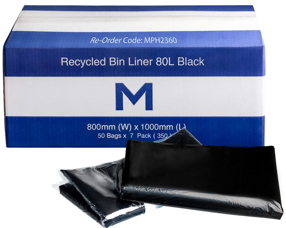 FP Recycled Bin Liner 80L - Black, 800mm x 1000mm x 30mu (350)
