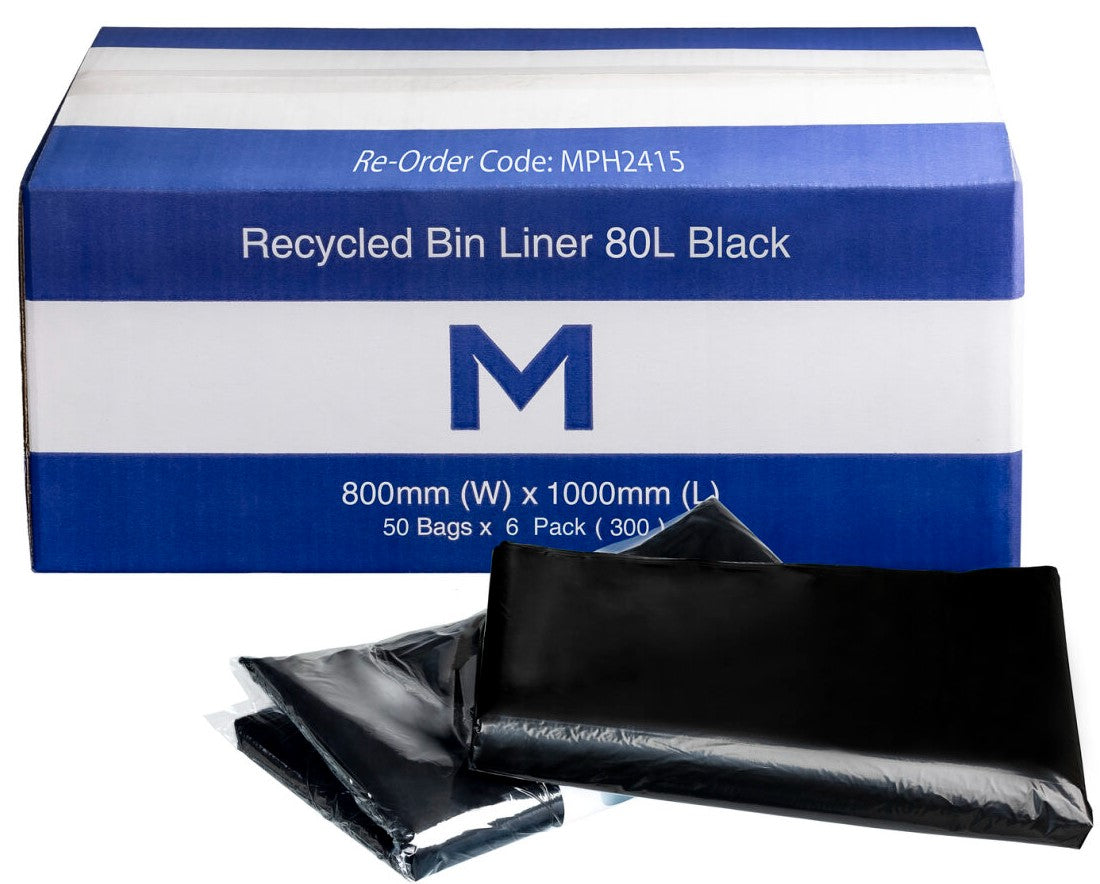 FP Recycled Bin Liner w/Handles 80L - Black, 800mm x 1000mm x 30mu (300)