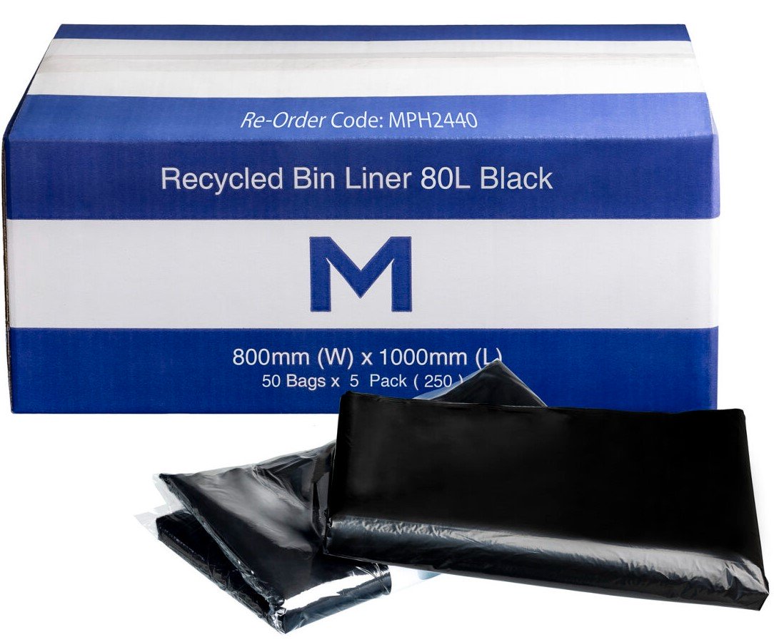 FP Recycled Bin Liner 80L - Black, 800mm x 1000mm x 40mu (250)