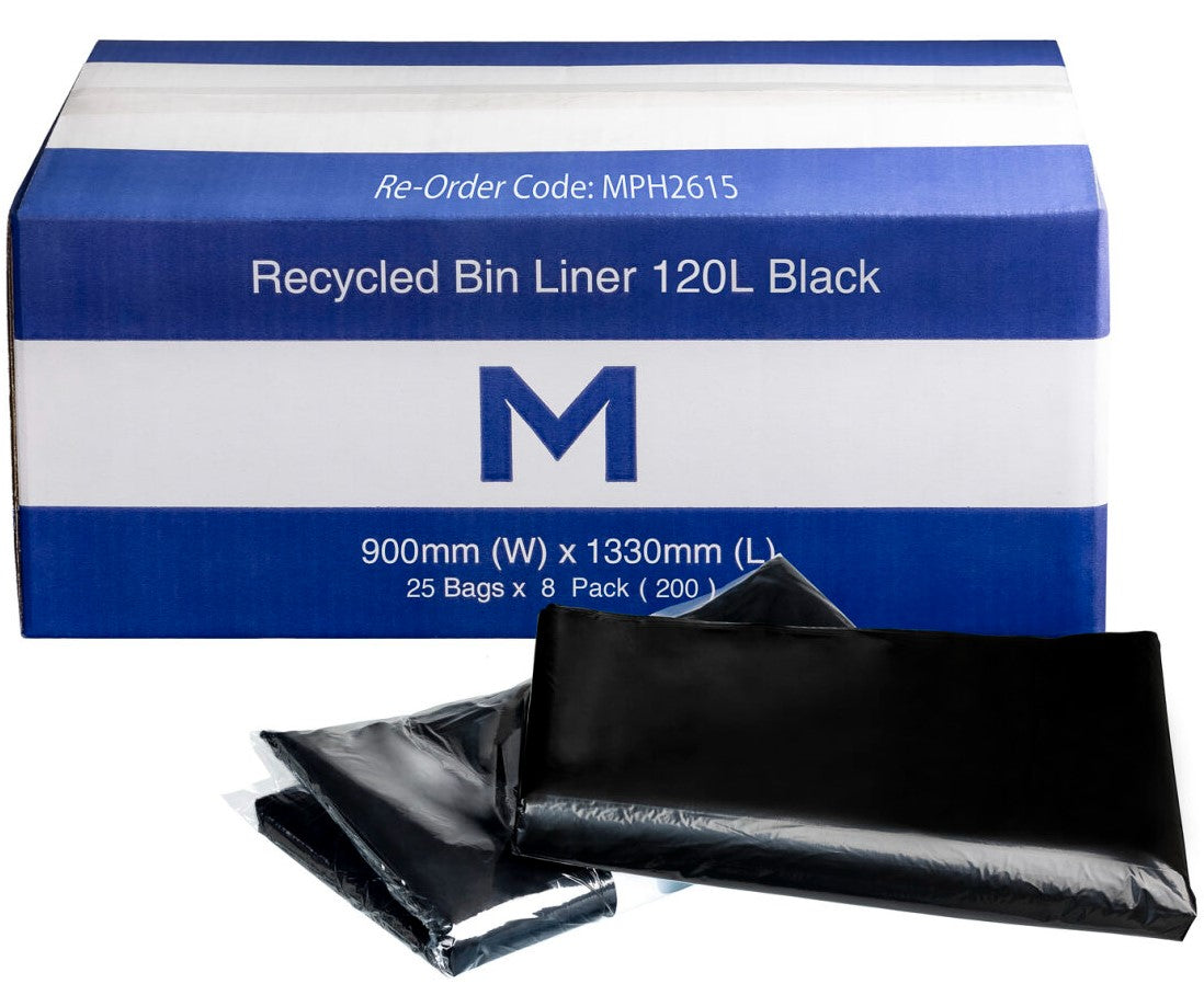FP Recycled Bin Liner w/Handles 120L - Black, 900mm x 1330mm x 30mu (200)