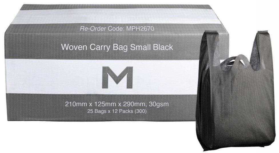 Woven Carry Bag Small - Black, 210mm x 125mm x 290mm, 30gsm (300)