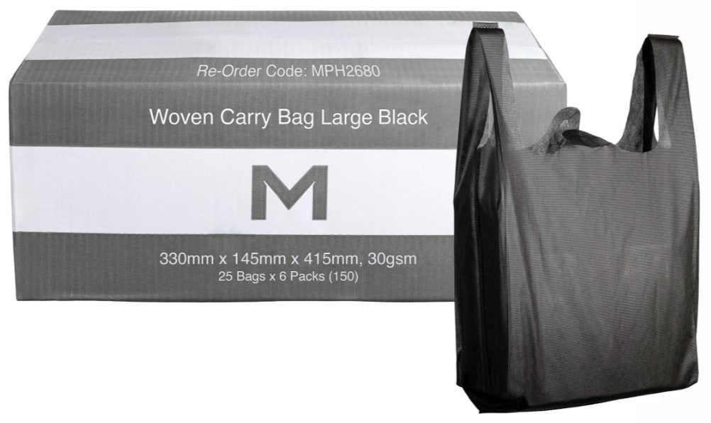Woven Carry Bag Large - Black, 330mm x 145mm x 415mm, 30gsm (150)