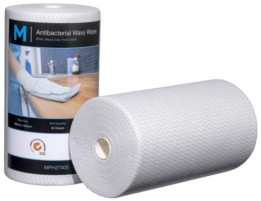 Antibacterial Wavy Wipes - White, 300mm x 500mm, 90 Sheets, 80gsm (4) *Heavy Duty
