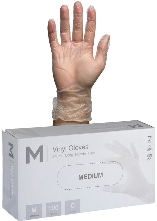 Vinyl Gloves Powder Free - Clear, M, 240mm Cuff, 5.0g (1000)