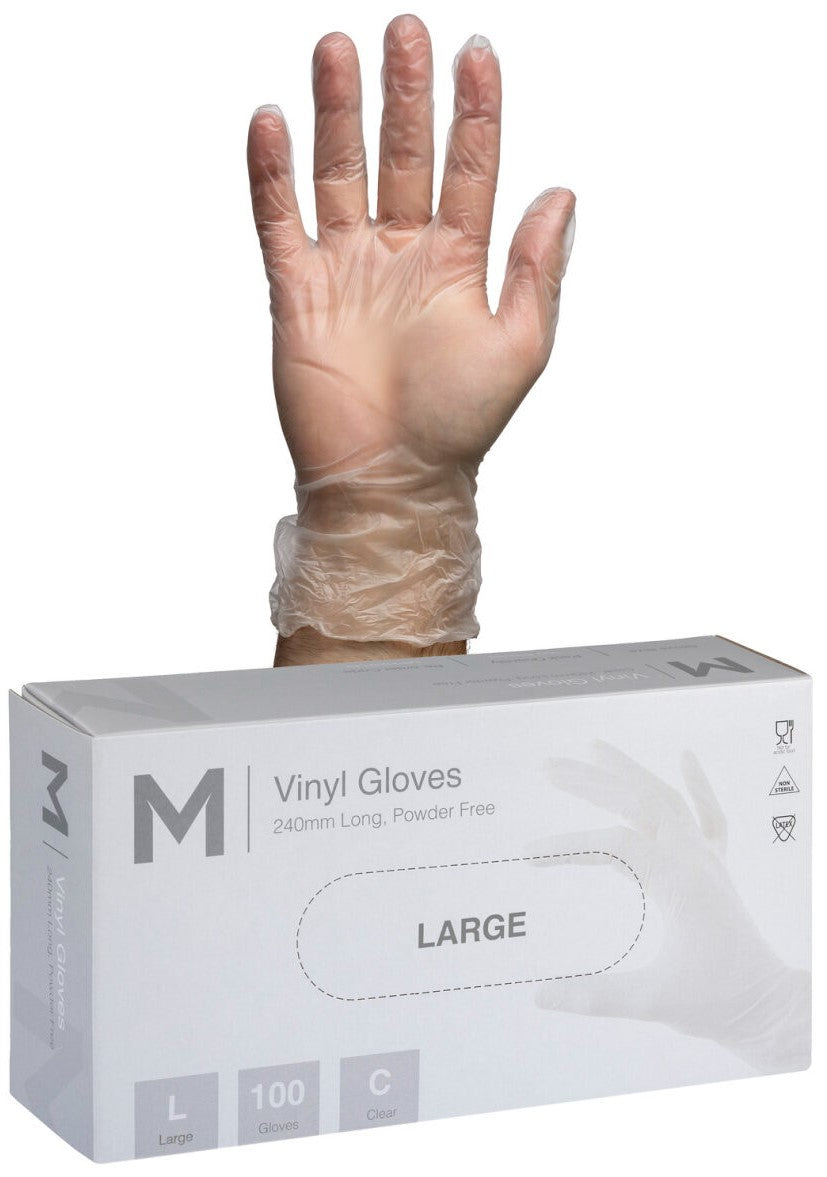 Vinyl Gloves Powder Free - Clear, L, 240mm Cuff, 5.0g (1000)