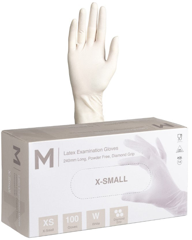 Latex Diamond Grip Examination Gloves Powder Free - White, XS, 240mm Cuff, 8.0g (1000)