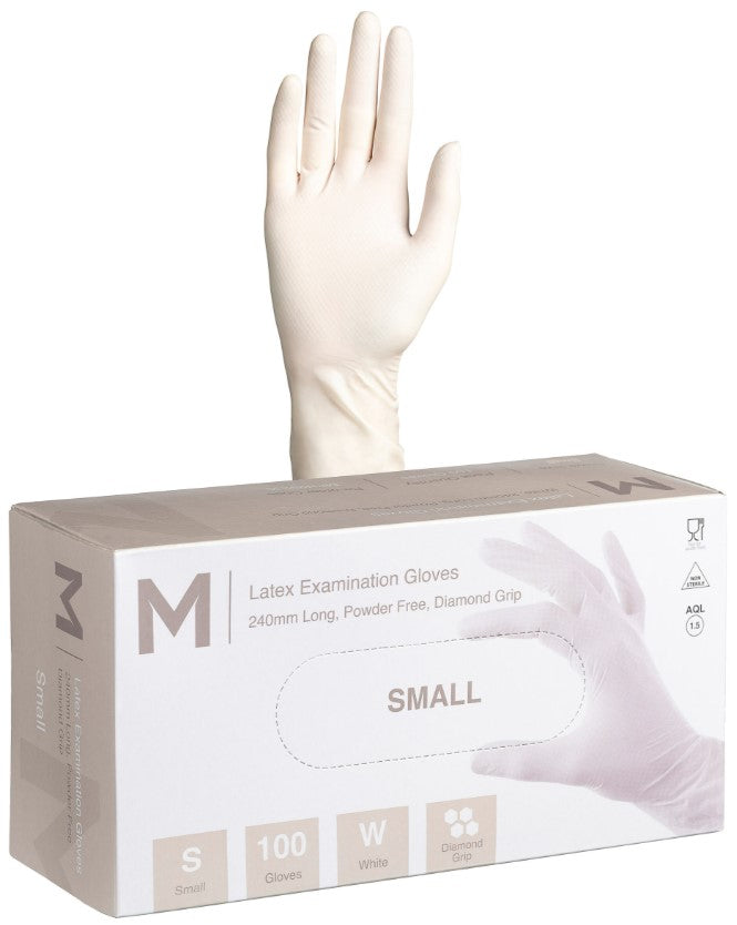 Latex Diamond Grip Examination Gloves Powder Free - White, S, 240mm Cuff, 8.0g (1000)