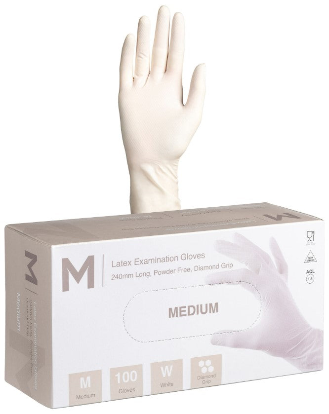 Latex Diamond Grip Examination Gloves Powder Free - White, M, 240mm Cuff, 8.0g (1000)