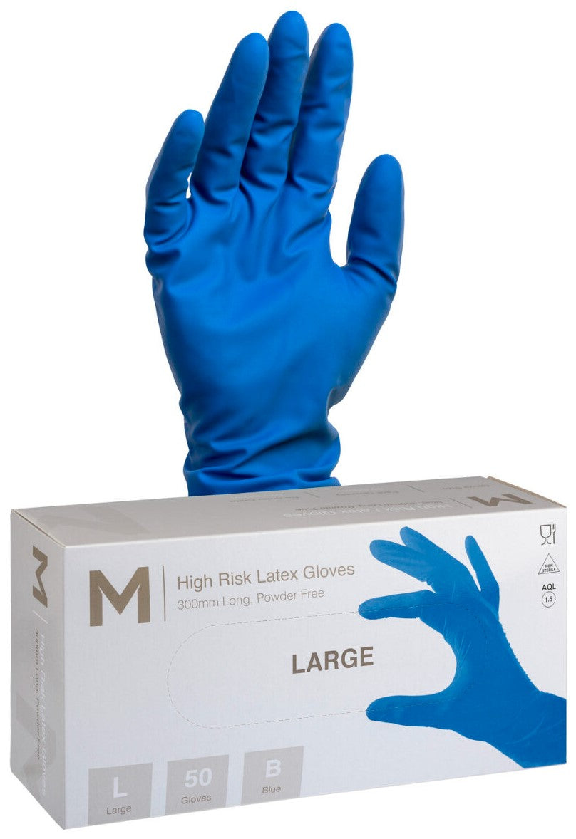 High Risk Latex Examination Gloves Powder Free - Cobalt Blue, L, 300mm Cuff, 18.5g (500)