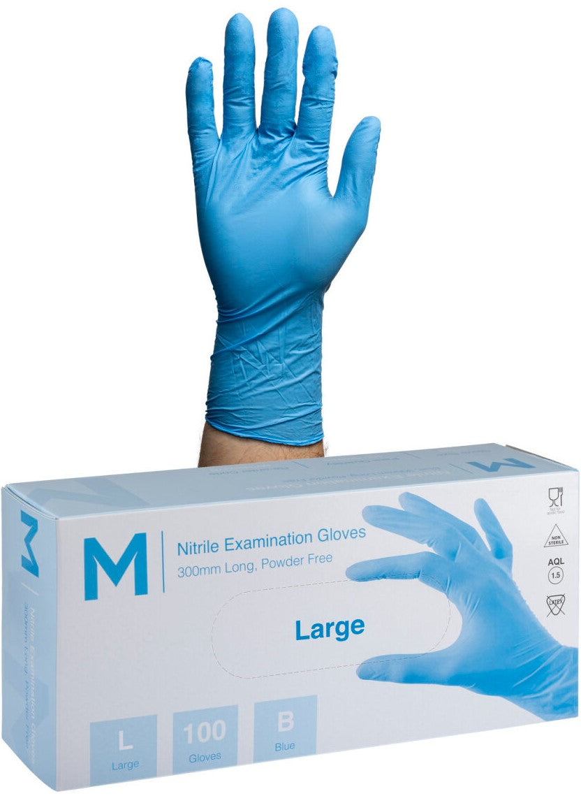 Nitrile Long Cuff Examination Gloves Powder Free - Blue, L, 300mm Cuff, 6.0g (1000)