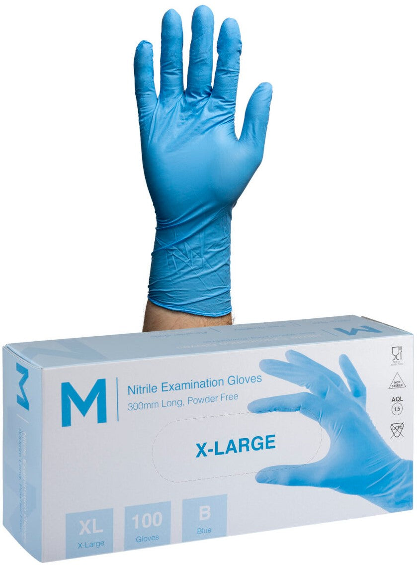 Nitrile Long Cuff Examination Gloves Powder Free - Blue, XL, 300mm Cuff, 6.0g (1000)