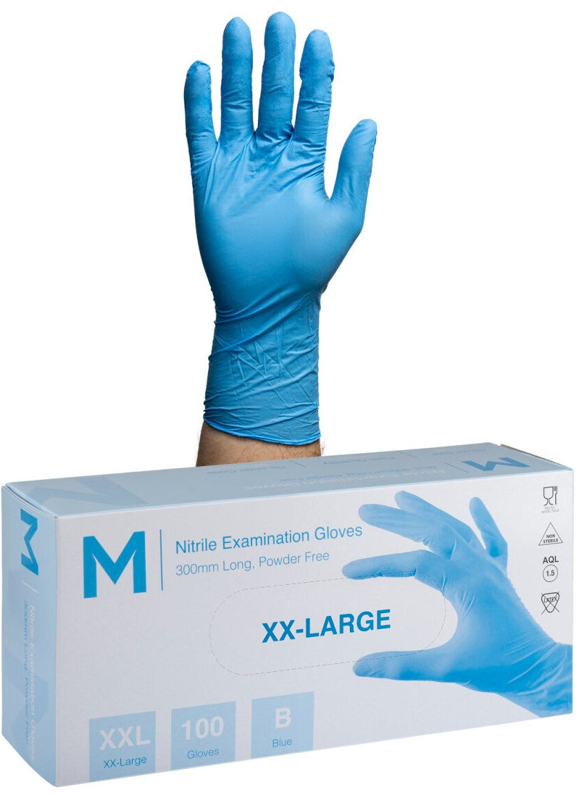 Nitrile Long Cuff Examination Gloves Powder Free - Blue, 2XL, 300mm Cuff, 6.0g (900)