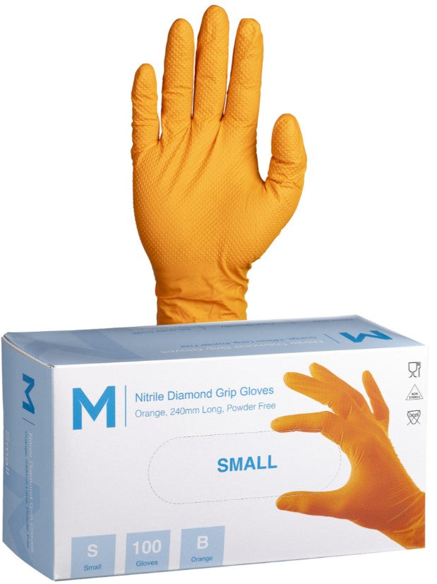 Nitrile Diamond Grip Gloves Powder Free - Orange, S, 240mm Cuff, 9.0g (1000)