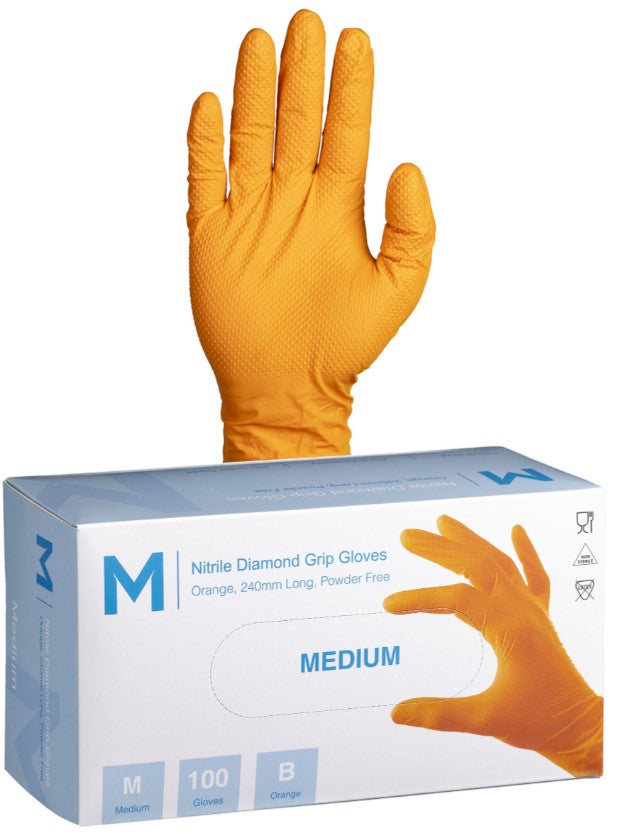 Nitrile Diamond Grip Gloves Powder Free - Orange, M, 240mm Cuff, 9.0g (1000)