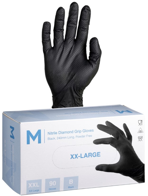 Nitrile Diamond Grip Gloves Powder Free - Black, 2XL, 240mm Cuff, 9.0g (900)