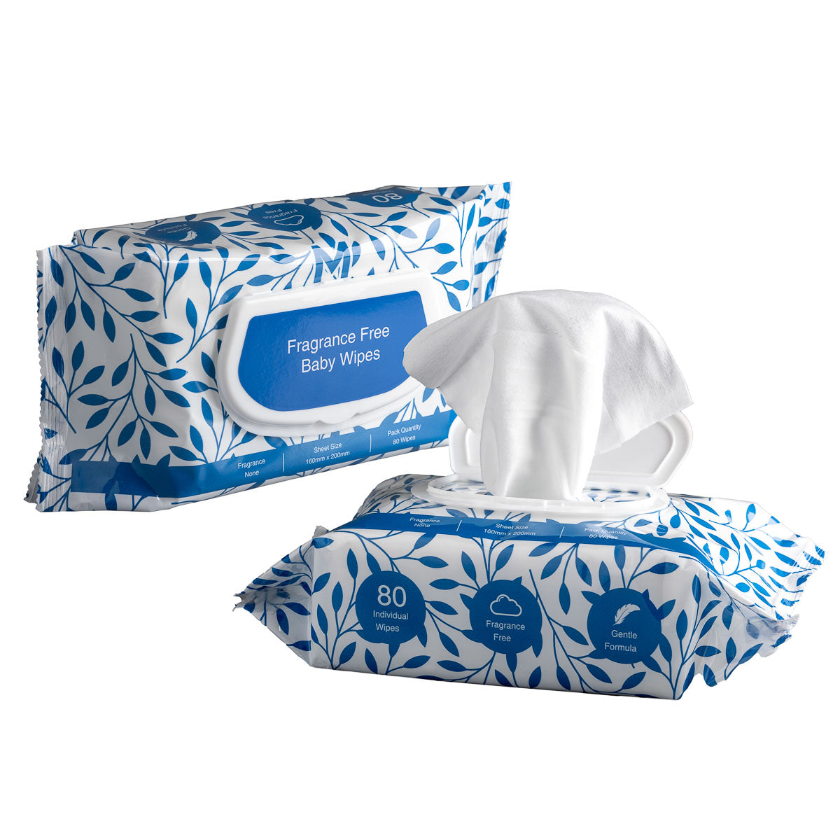 Non Fragranced Baby Wipes - White, 160mm x 200mm, 55gsm, 80 Wipes (12)