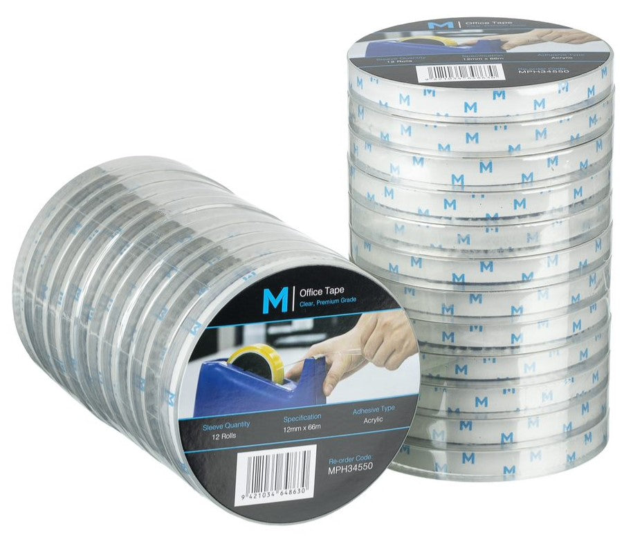 Acrylic Office Tape - Clear, 12mm x 66m x 45mu, 76.2mm Core (144) *Large Core