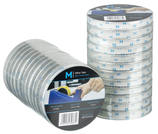 Acrylic Office Tape - Clear, 12mm x 66m x 45mu, 76.2mm Core (144) *Large Core