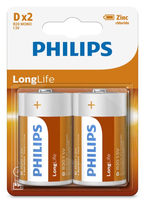 Philips Long Life Battery - Orange, D Size (2)