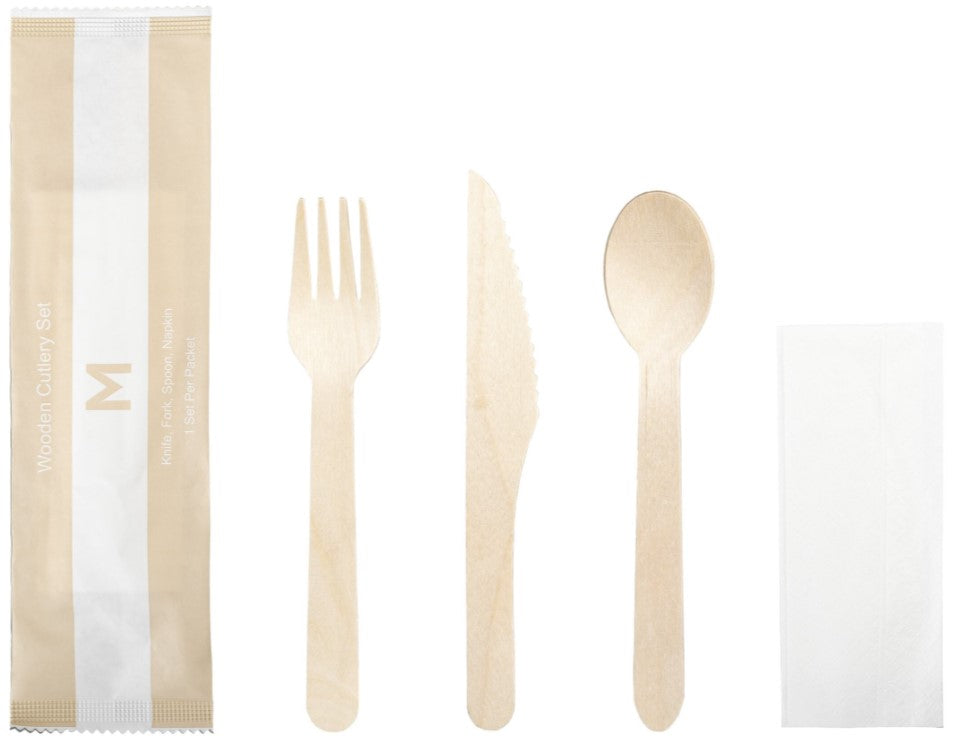 Wooden Cutlery Set 4/1 - Natural, Fork/Knife/Spoon/Napkin, FSC 100%® (400)