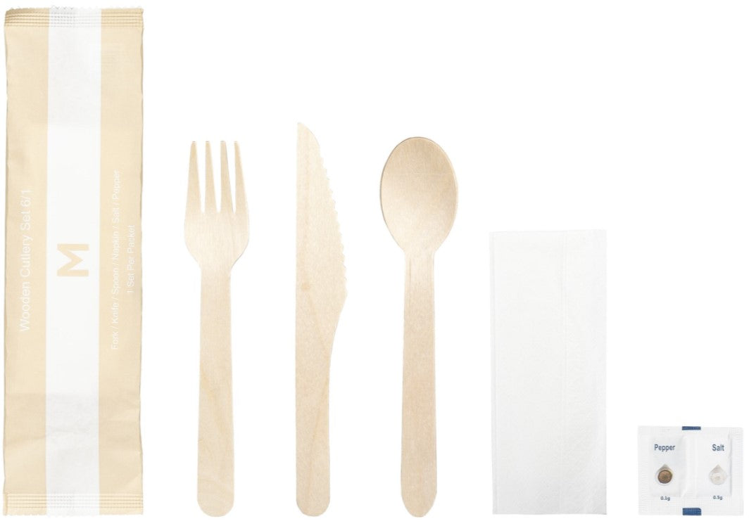 Wooden Cutlery Set 6/1 - Natural, Fork/Knife/Spoon/Napkin/Salt/Pepper, FSC 100%® (400)