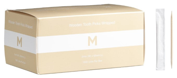 Wooden Tooth Picks Wrapped - Natural, 2mm x 65mm Long, FSC 100%® (1000)